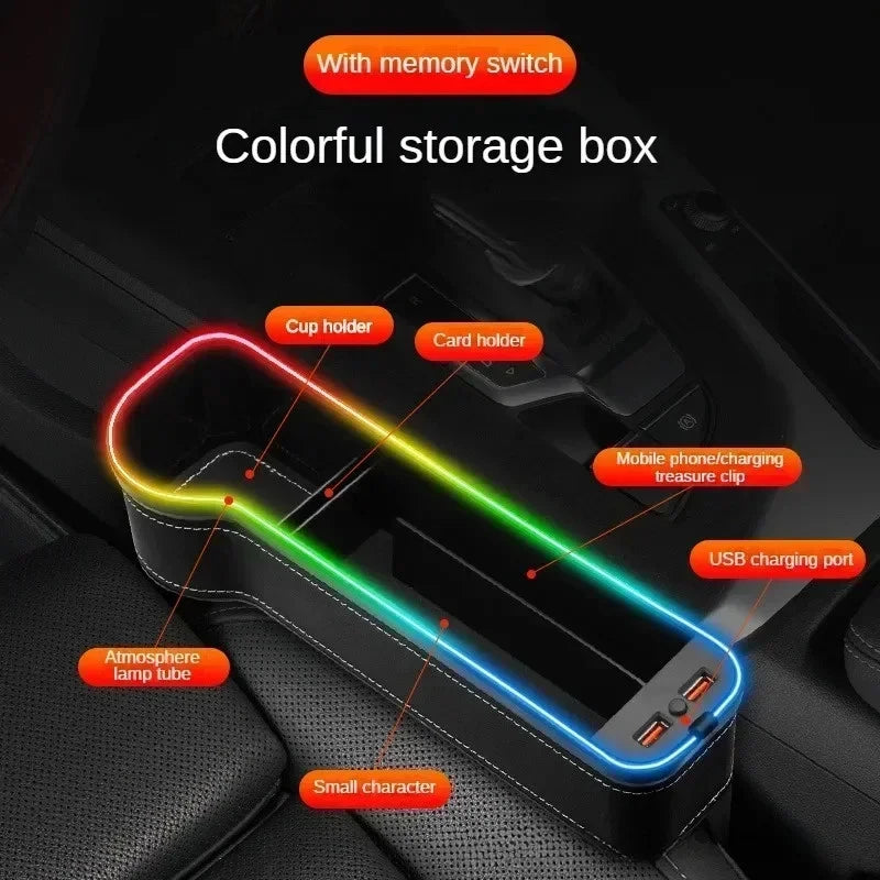 Car Seat Gap Storage Box Organizer LED Light 2 USB Charger Cup Phone Card Holder