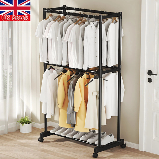 2-Tier Clothes Rail Rack – Open Wardrobe Stand with Hanging Garments & Shoe Storage