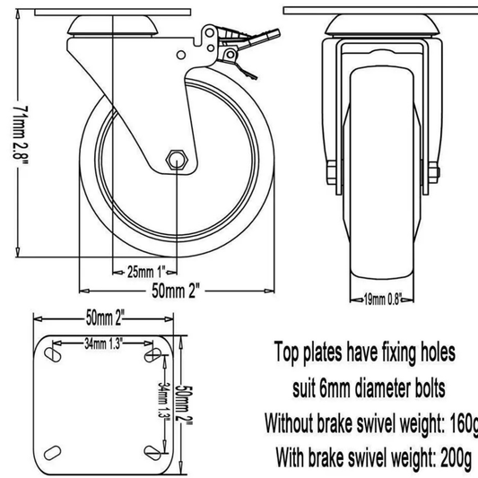 Heavy Duty 50mm Rubber Swivel Castor Wheels with Brake – 4 Pack Furniture & Trolley Casters