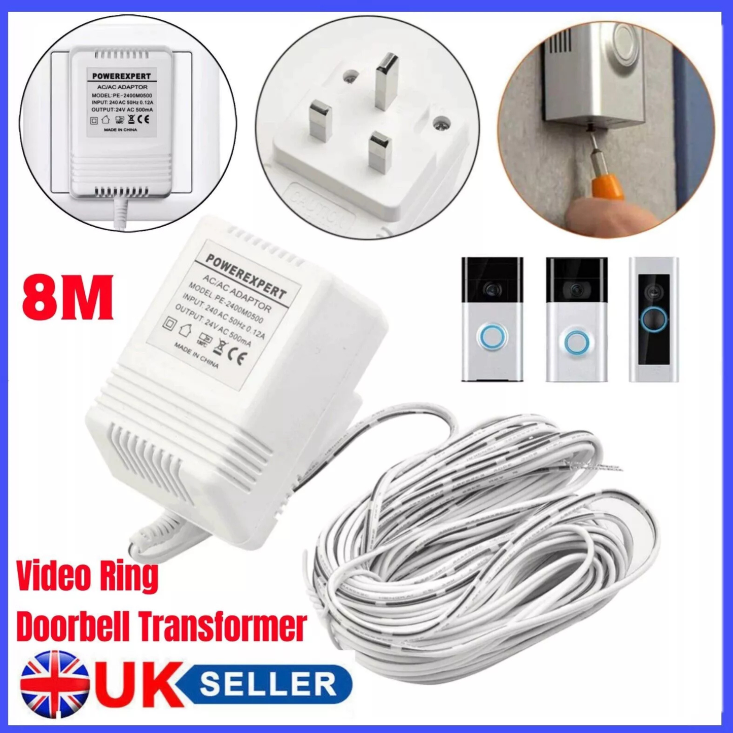 24V 500mA AC Doorbell Transformer Power Adapter – Compatible with Ring (UK)
