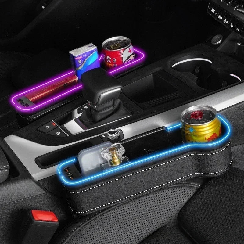 Car Seat Gap Storage Box Organizer LED Light 2 USB Charger Cup Phone Card Holder