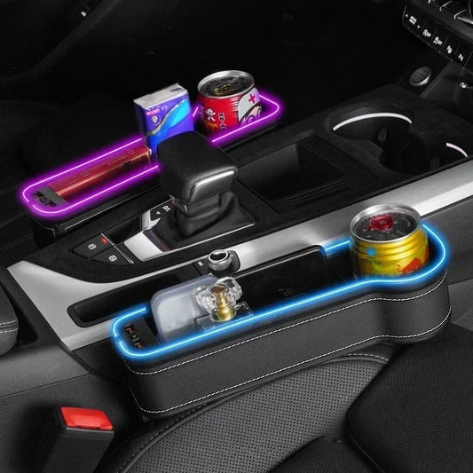 Car Seat Gap Storage Box Organizer LED Light 2 USB Charger Cup Phone Card Holder