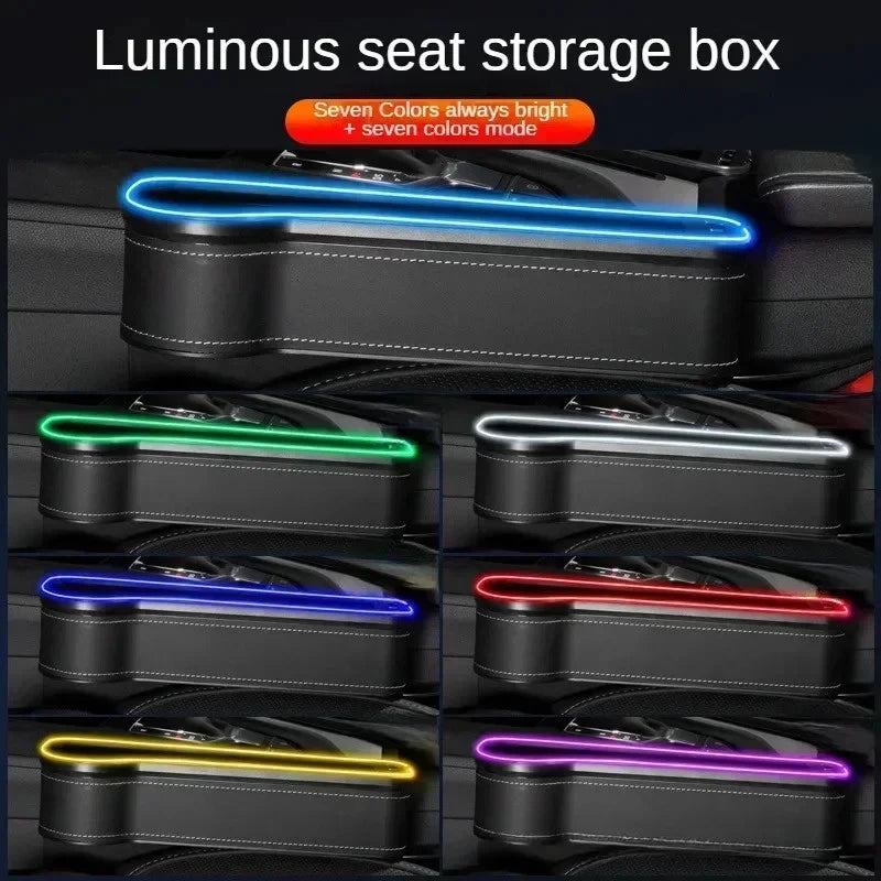 Car Seat Gap Storage Box Organizer LED Light 2 USB Charger Cup Phone Card Holder