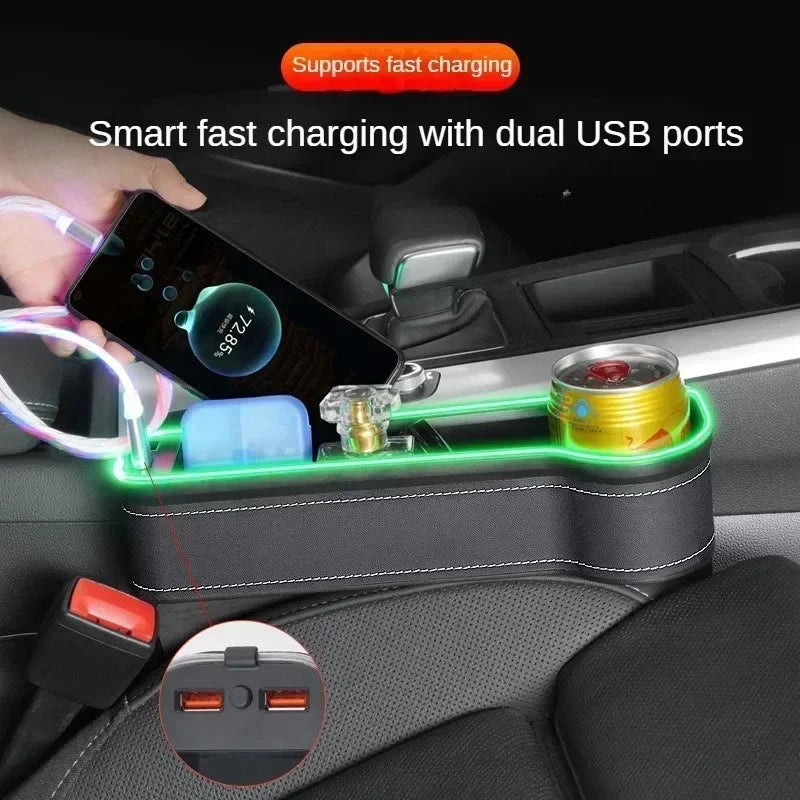 Car Seat Gap Storage Box Organizer LED Light 2 USB Charger Cup Phone Card Holder